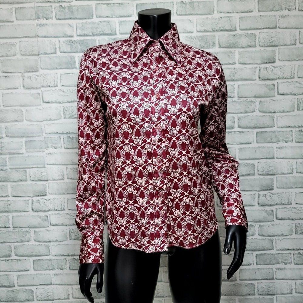 Vintage 70s Sears Jr Bazar‎ Maroon Floral Filigree Collar Button Front Polyester